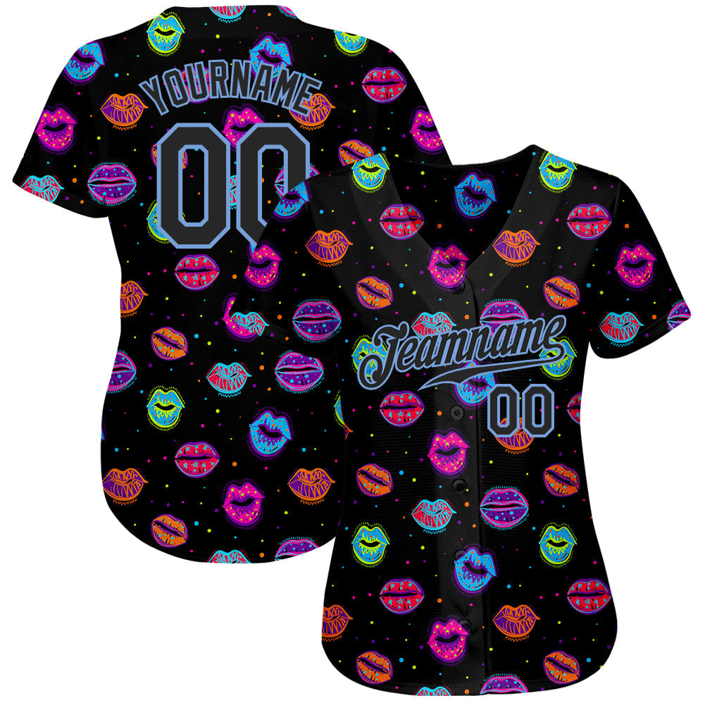 Custom Graffiti Pattern Black-Light Blue 3D Dots And Kiss Lips Authentic Baseball Jersey view 2