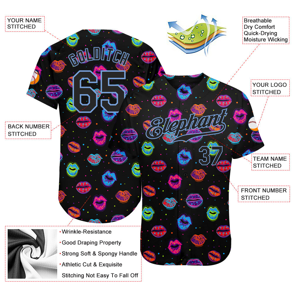 Custom Graffiti Pattern Black-Light Blue 3D Dots And Kiss Lips Authentic Baseball Jersey view 3
