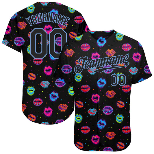 Custom Graffiti Pattern Black-Light Blue 3D Dots And Kiss Lips Authentic Baseball Jersey - Main View