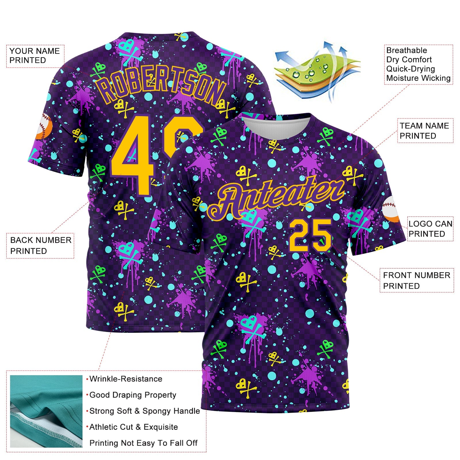 Custom Graffiti Pattern Gold-Purple 3D Clashing Colors Paint-Splatter Performance T-Shirt view 2