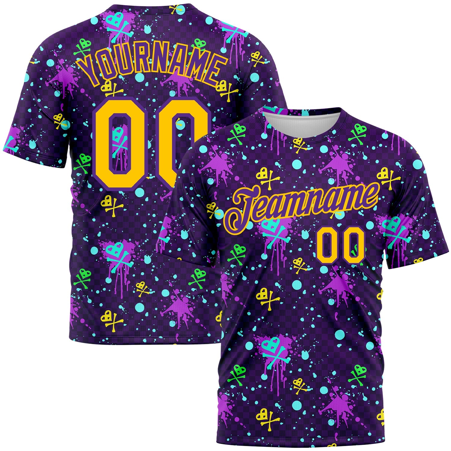 Custom Graffiti Pattern Gold-Purple 3D Clashing Colors Paint-Splatter Performance T-Shirt - Main View