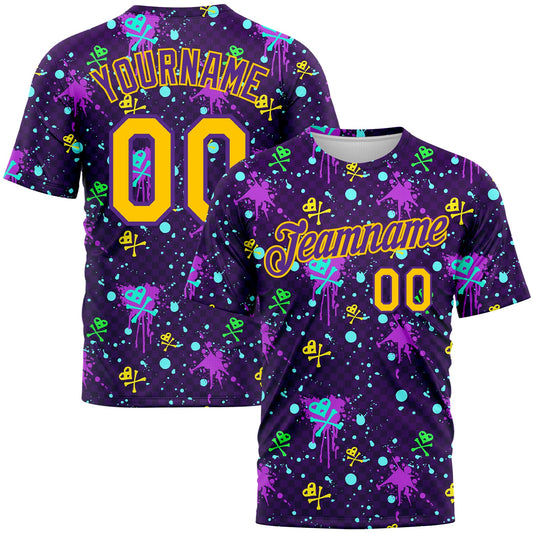Custom Graffiti Pattern Gold-Purple 3D Clashing Colors Paint-Splatter Performance T-Shirt - Main View