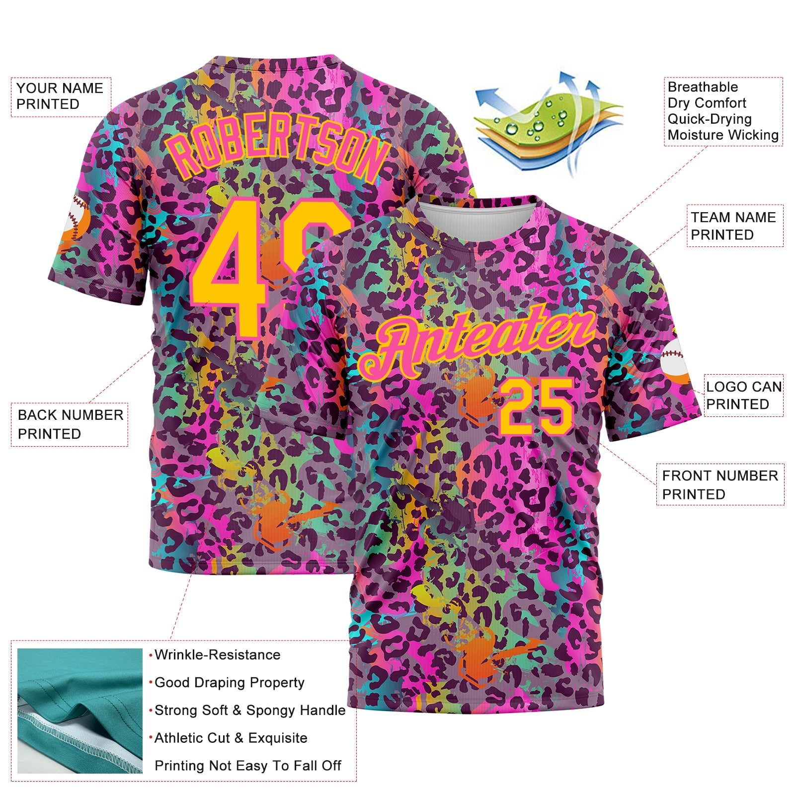 Custom Graffiti Pattern Gold-Pink 3D Colorful Leopard Performance T-Shirt view 2