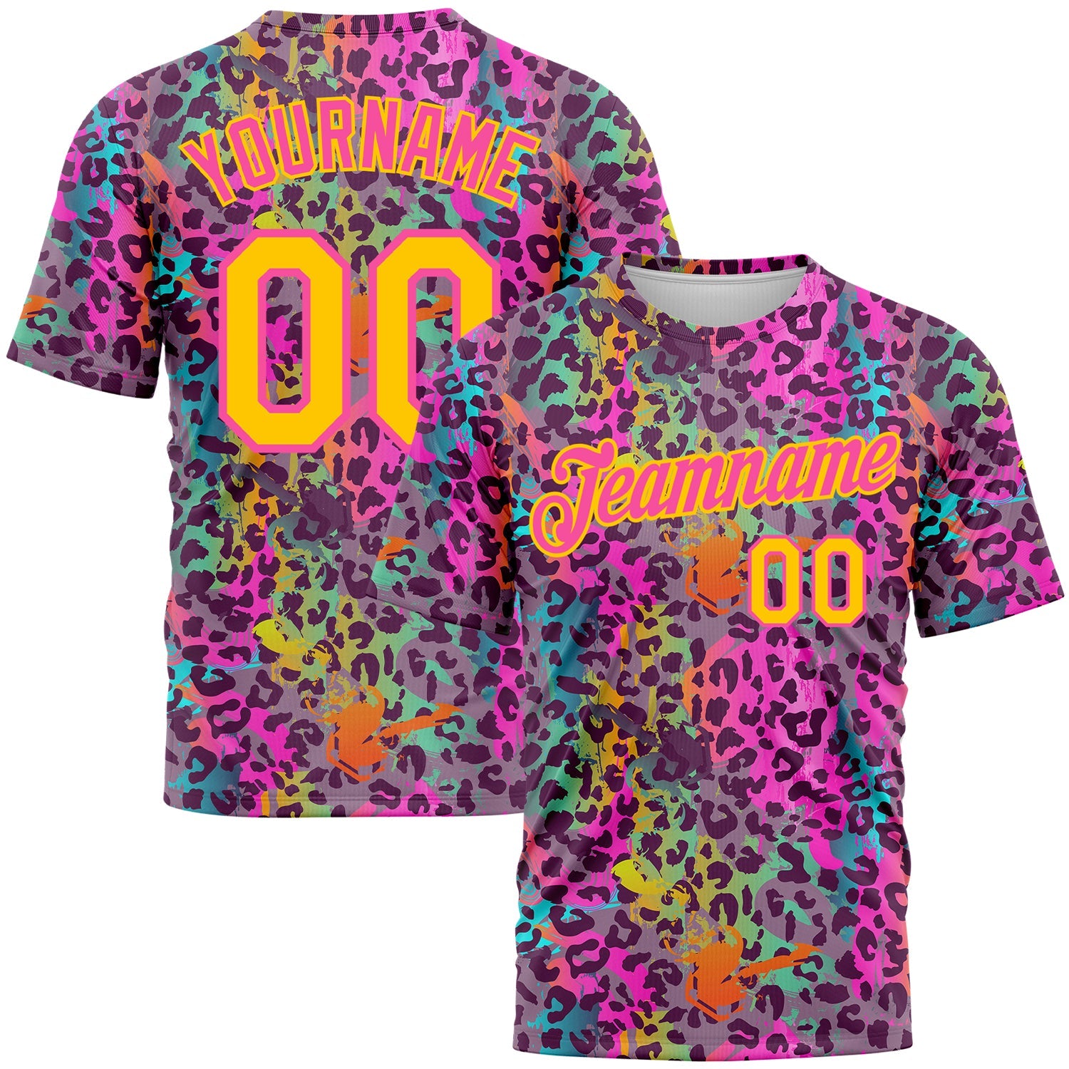 Custom Graffiti Pattern Gold-Pink 3D Colorful Leopard Performance T-Shirt - Main View