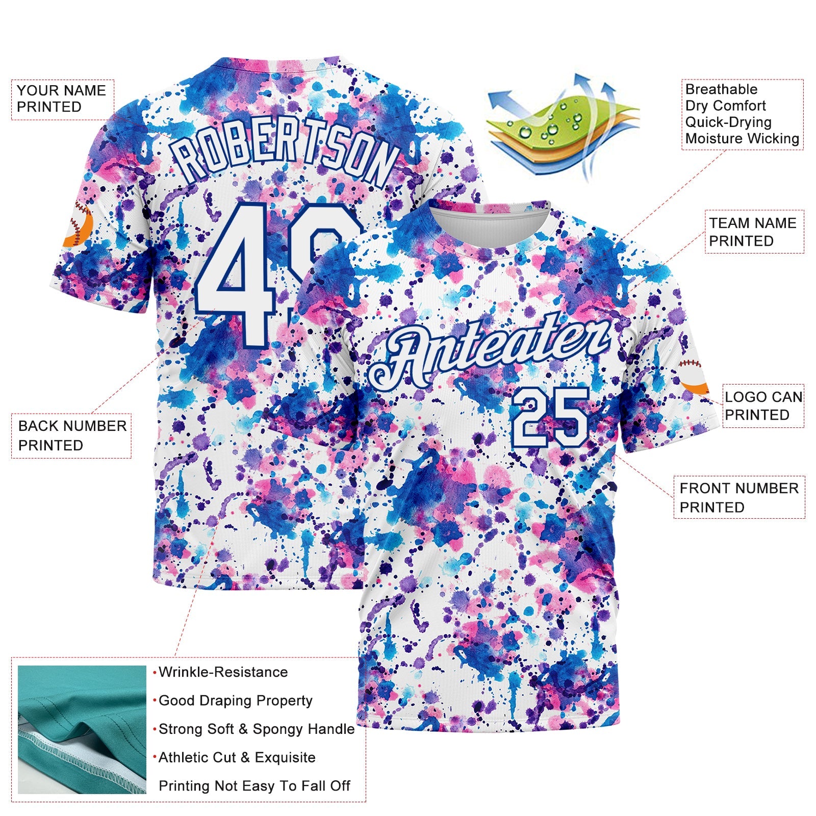Custom Graffiti Pattern White-Royal 3D Abstract Watercolor Performance T-Shirt view 2