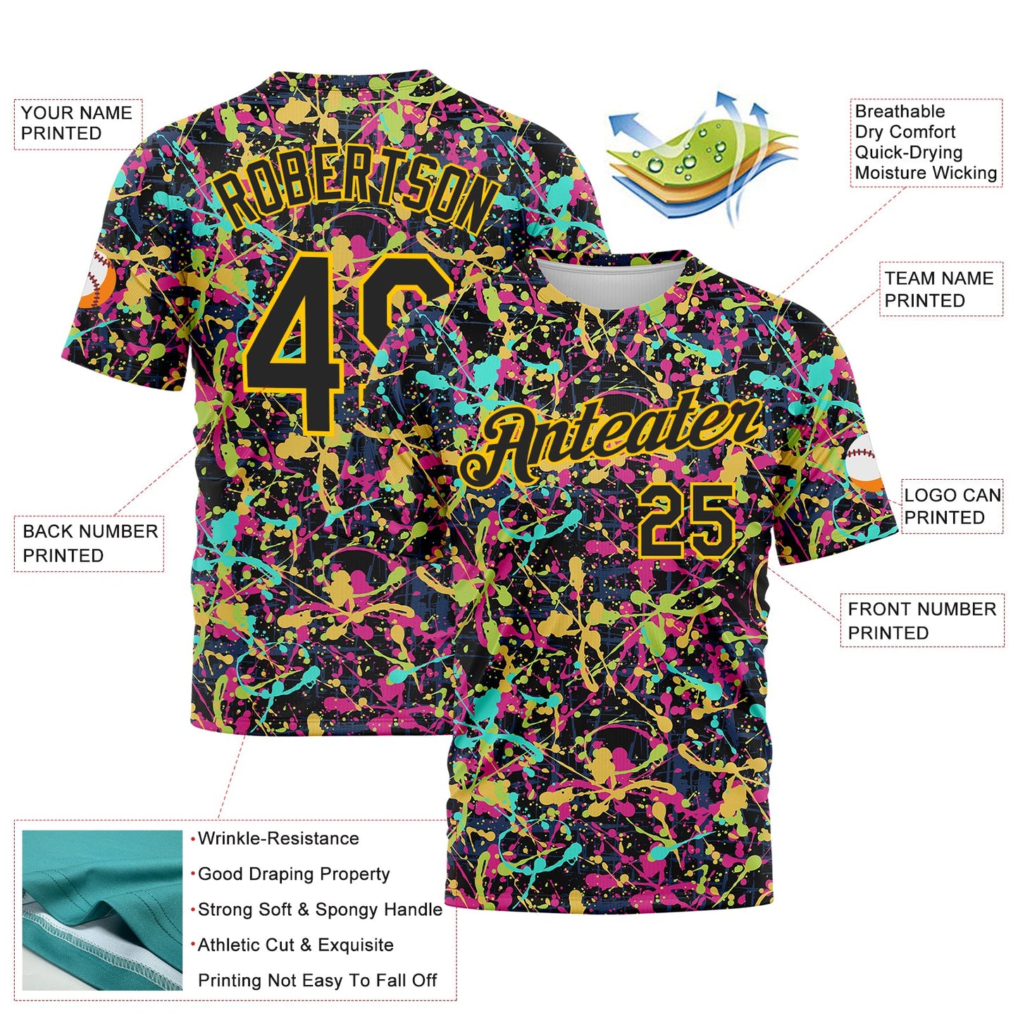 Custom Graffiti Pattern Black-Gold 3D Grunge Shabby Performance T-Shirt view 2