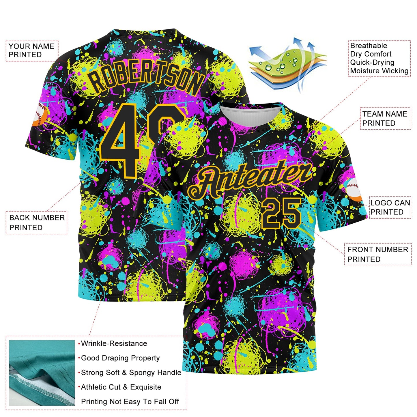 Custom Graffiti Pattern Black-Gold 3D Neon Splatter Performance T-Shirt view 2