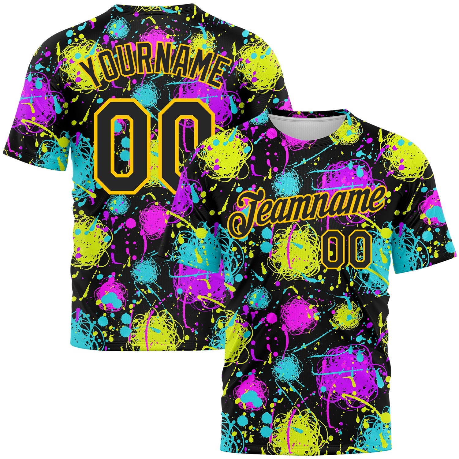 Custom Graffiti Pattern Black-Gold 3D Neon Splatter Performance T-Shirt - Main View