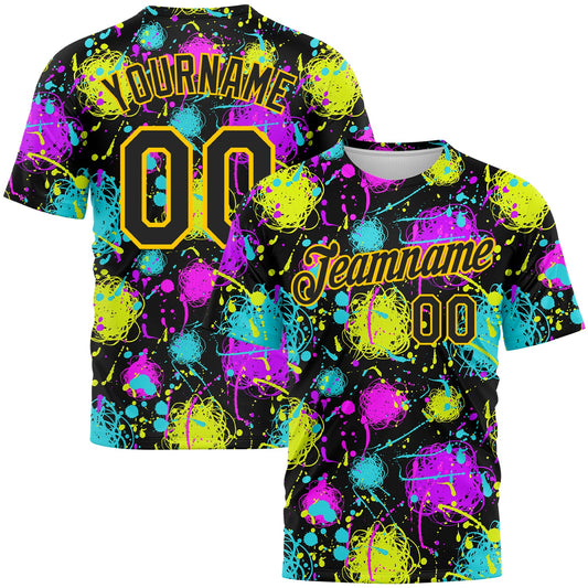 Custom Graffiti Pattern Black-Gold 3D Neon Splatter Performance T-Shirt - Main View