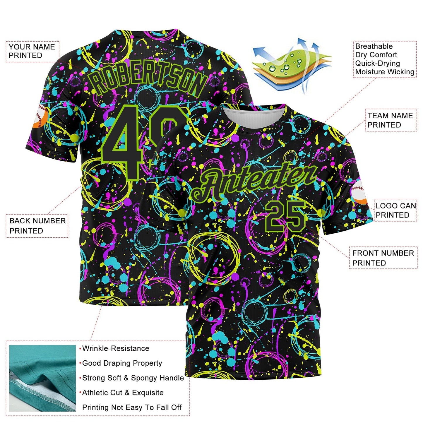 Custom Graffiti Pattern Black-Neon Green 3D Neon Splatter Performance T-Shirt view 2
