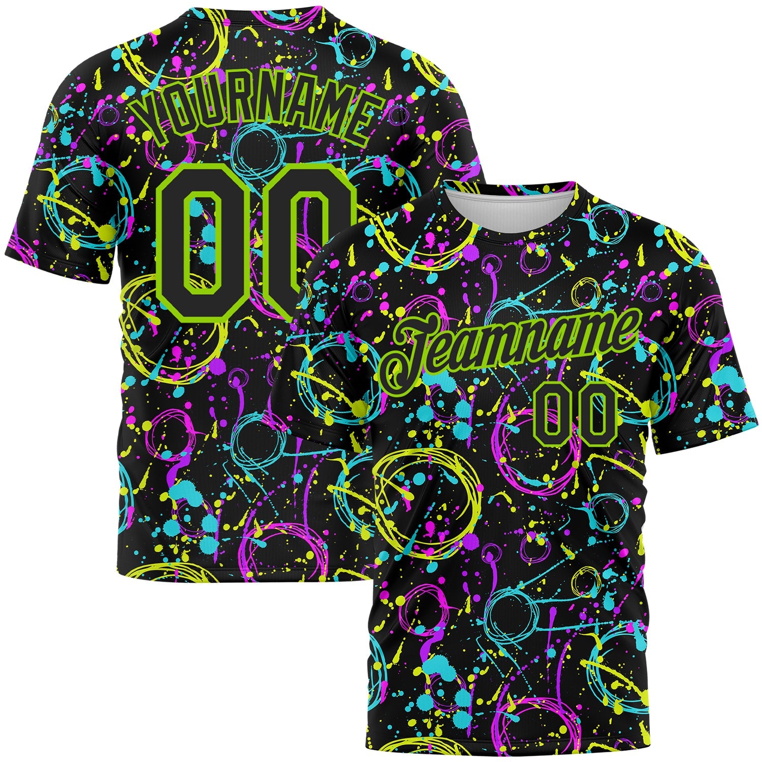 Custom Graffiti Pattern Black-Neon Green 3D Neon Splatter Performance T-Shirt - Main View