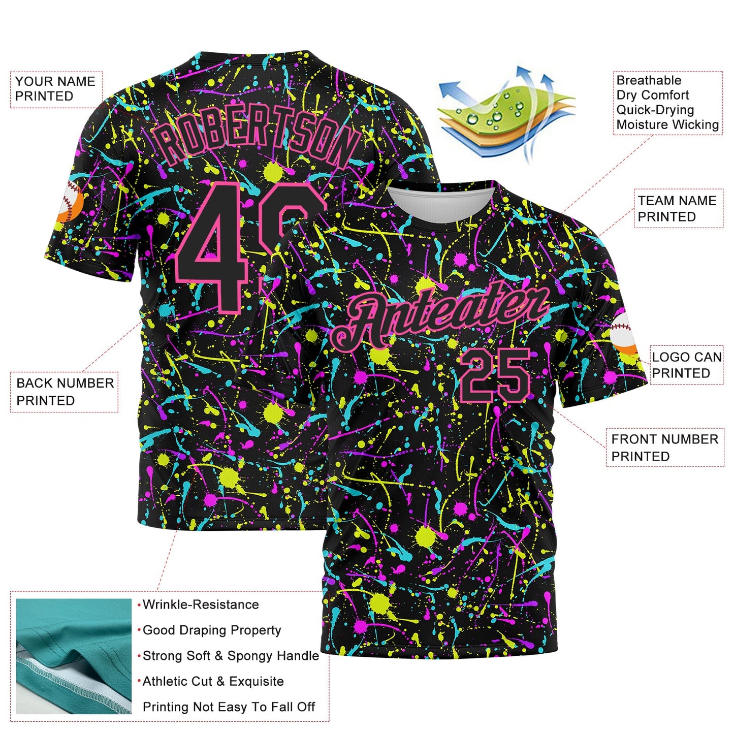 Custom Graffiti Pattern Black-Pink 3D Neon Splatter Performance T-Shirt view 2