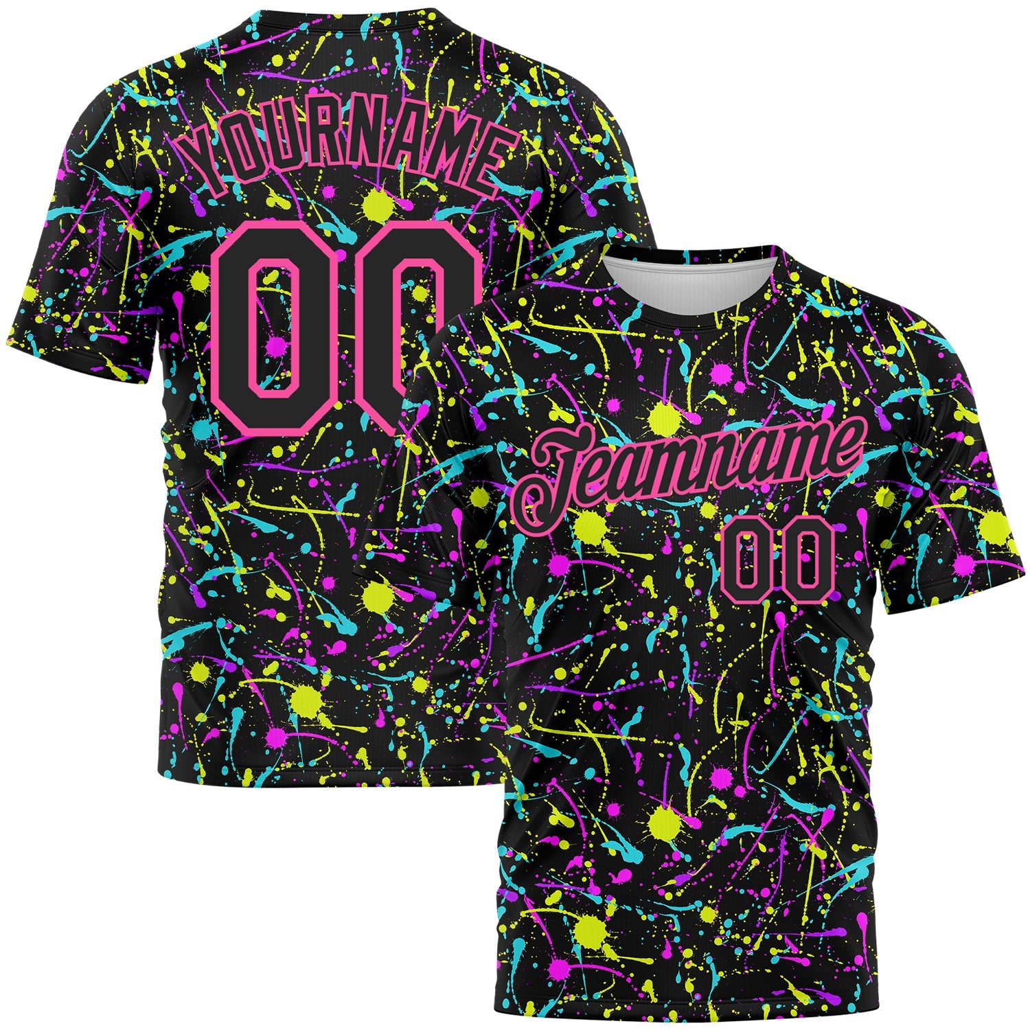 Custom Graffiti Pattern Black-Pink 3D Neon Splatter Performance T-Shirt - Main View