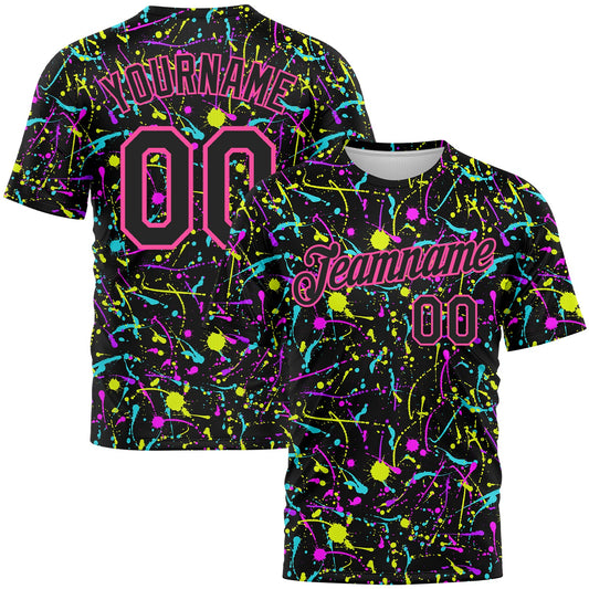 Custom Graffiti Pattern Black-Pink 3D Neon Splatter Performance T-Shirt - Main View