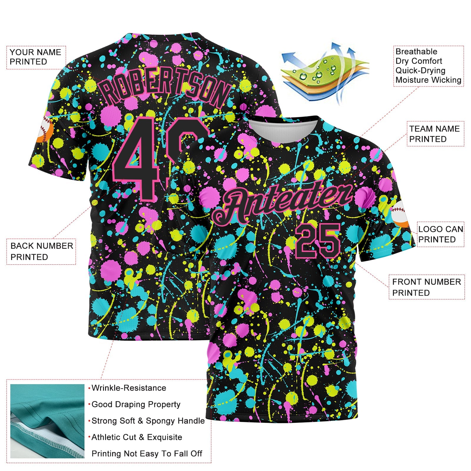 Custom Graffiti Pattern Black-Pink 3D Neon Splatter Performance T-Shirt view 2