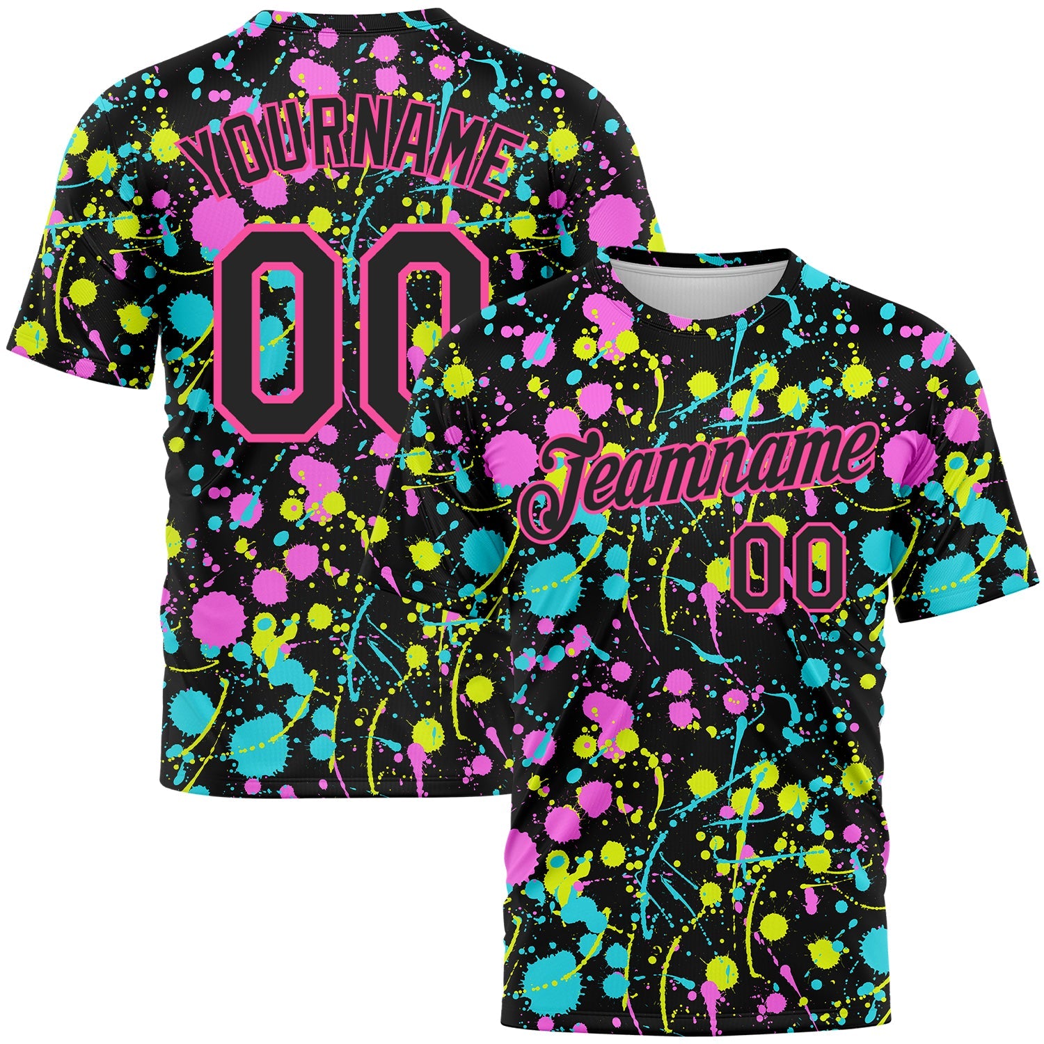 Custom Graffiti Pattern Black-Pink 3D Neon Splatter Performance T-Shirt - Main View