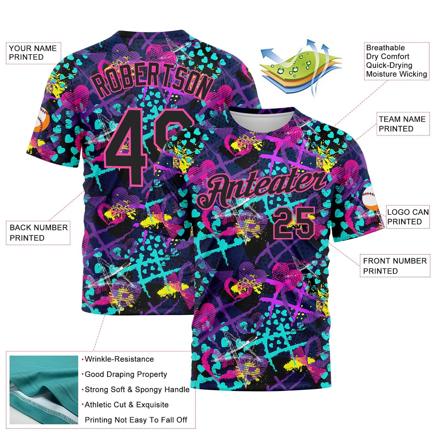Custom Graffiti Pattern Black-Pink 3D Creative Hearts Stars Geometric Figures Performance T-Shirt view 2