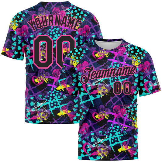 Custom Graffiti Pattern Black-Pink 3D Creative Hearts Stars Geometric Figures Performance T-Shirt - Main View
