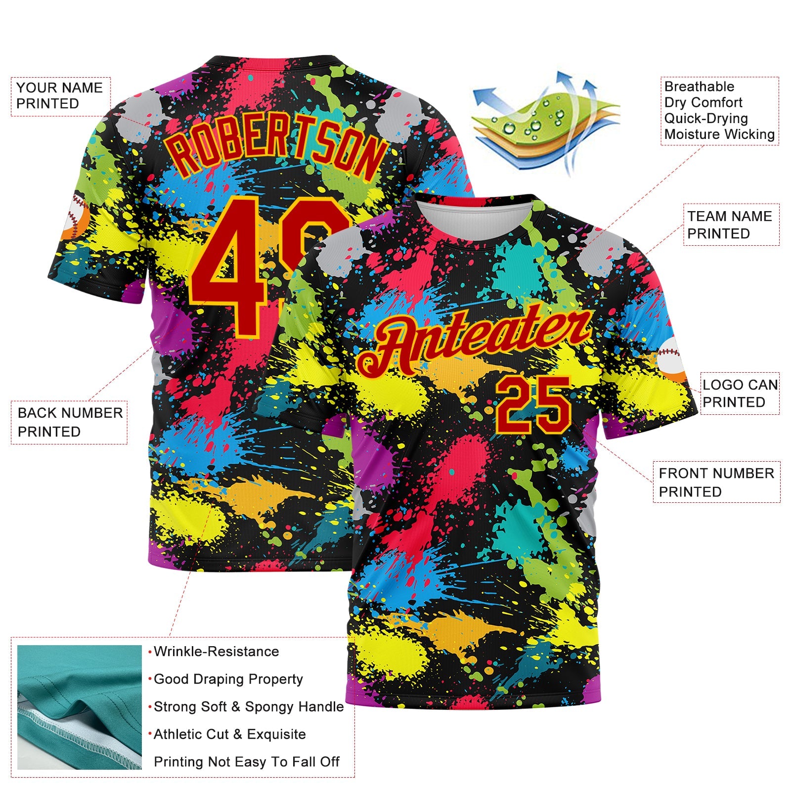 Custom Graffiti Pattern Red-Gold 3D Colorful Splattered Messy Art Ink Paintbrush Drawing Performance T-Shirt view 2