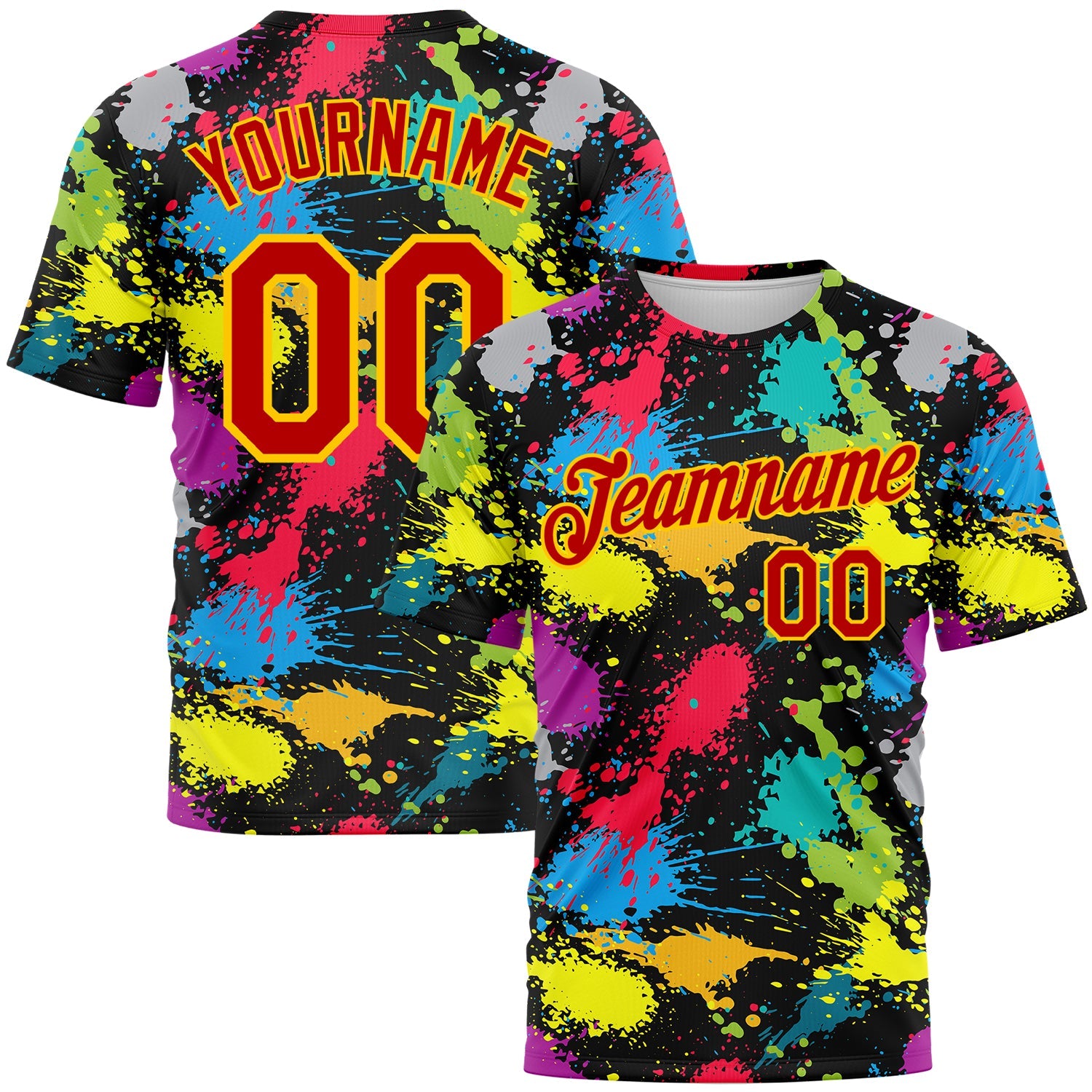 Custom Graffiti Pattern Red-Gold 3D Colorful Splattered Messy Art Ink Paintbrush Drawing Performance T-Shirt - Main View