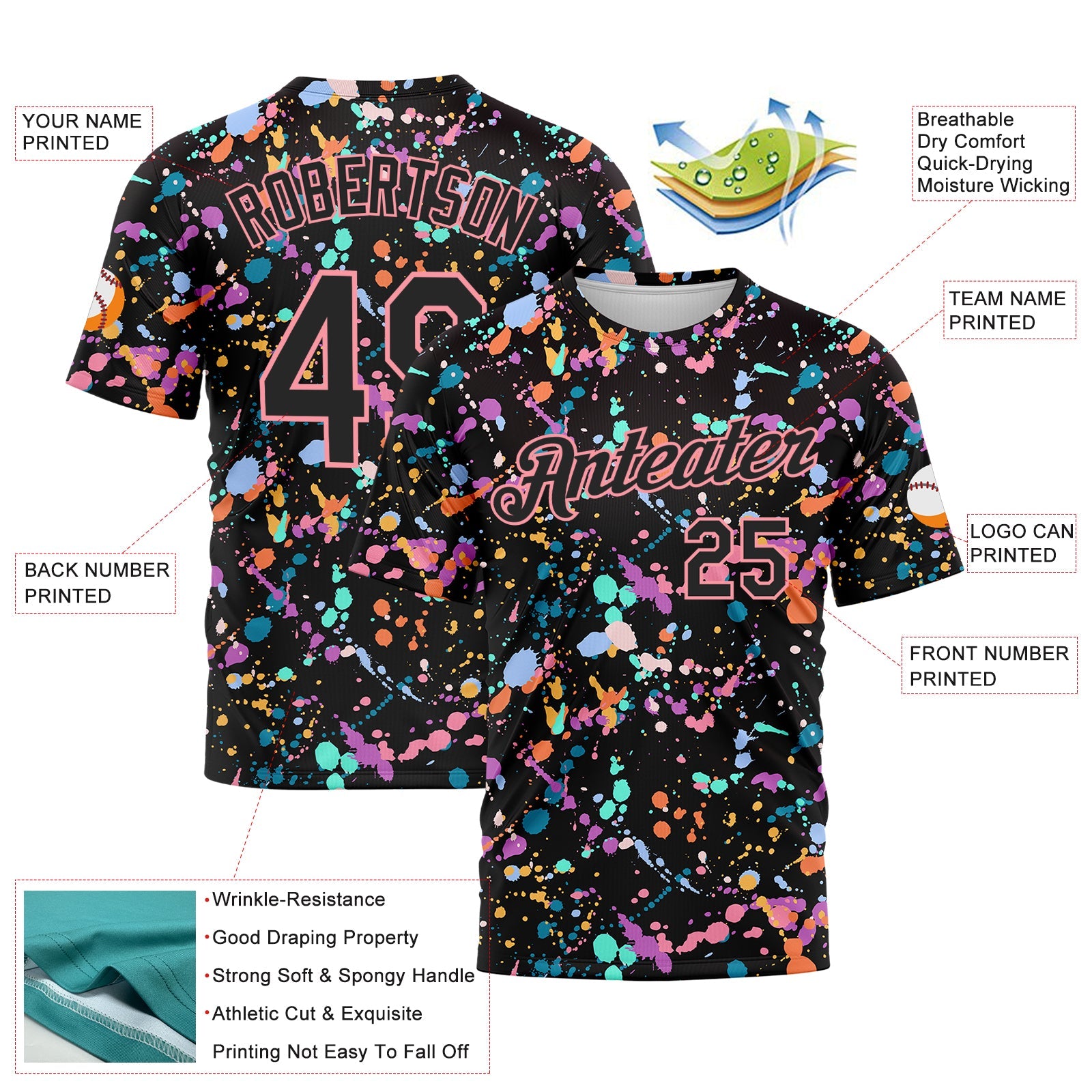 Custom Graffiti Pattern Black-Medium Pink 3D Expressive Splatter Performance T-Shirt view 3