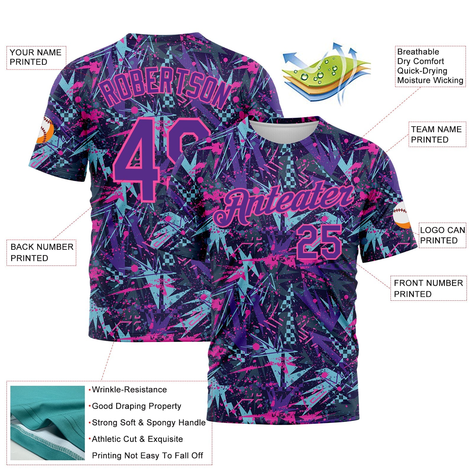 Custom Graffiti Pattern Purple-Pink 3D Creative Geometric Figures And Dots Performance T-Shirt view 2