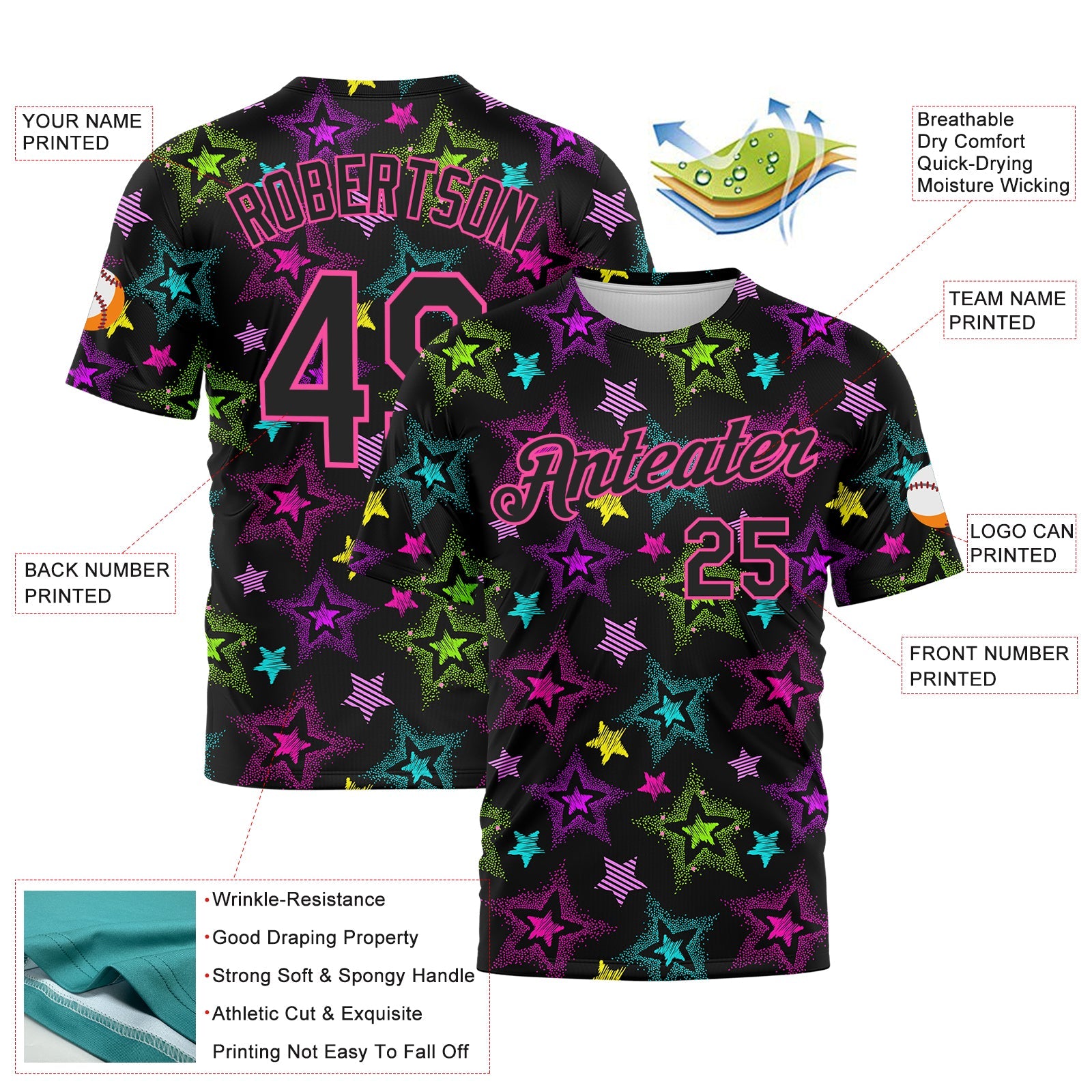 Custom Graffiti Pattern Black-Pink 3D Creative Colorful Stars Performance T-Shirt view 2