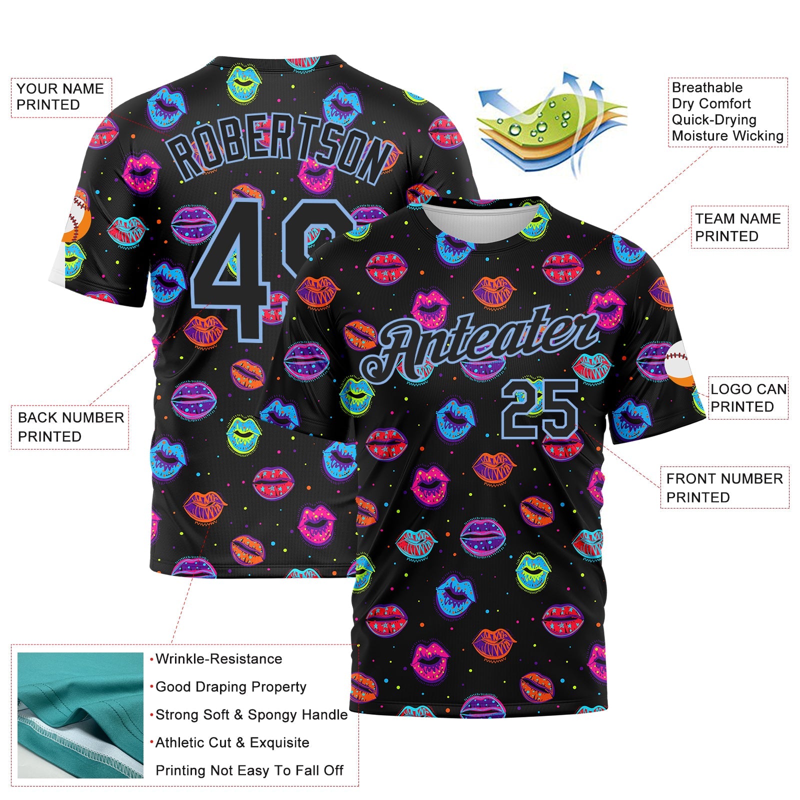 Custom Graffiti Pattern Black-Light Blue 3D Dots And Kiss Lips Performance T-Shirt view 2