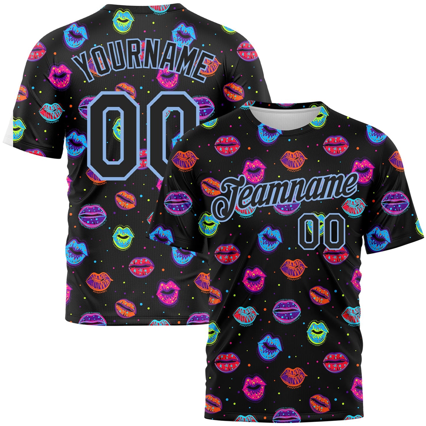 Custom Graffiti Pattern Black-Light Blue 3D Dots And Kiss Lips Performance T-Shirt - Main View