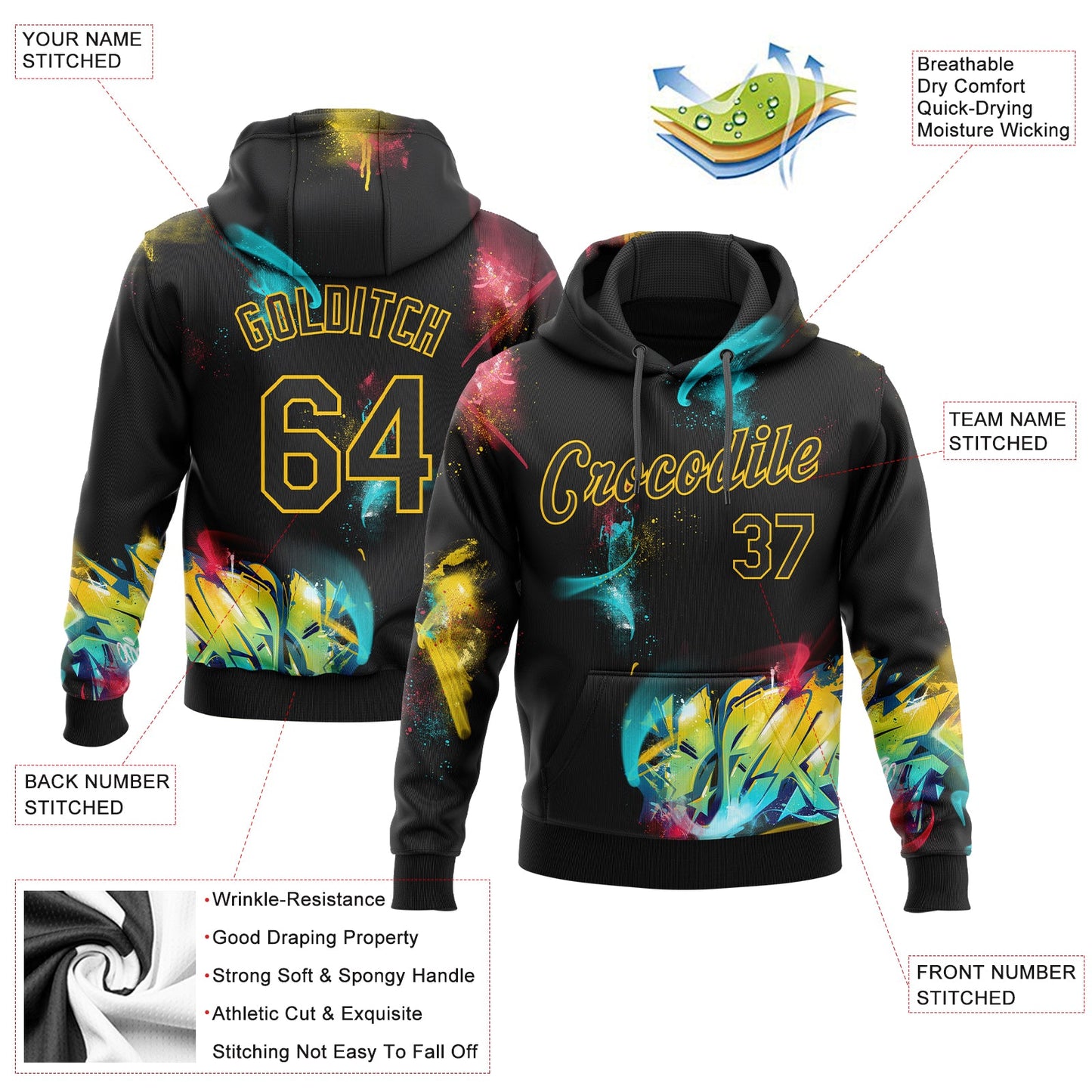 Custom Stitched Graffiti Pattern Black-Gold 3D Sports Pullover Sweatshirt Hoodie view 2