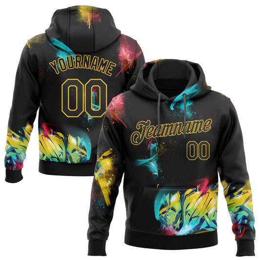 Custom Stitched Graffiti Pattern Black-Gold 3D Sports Pullover Sweatshirt Hoodie - Main View