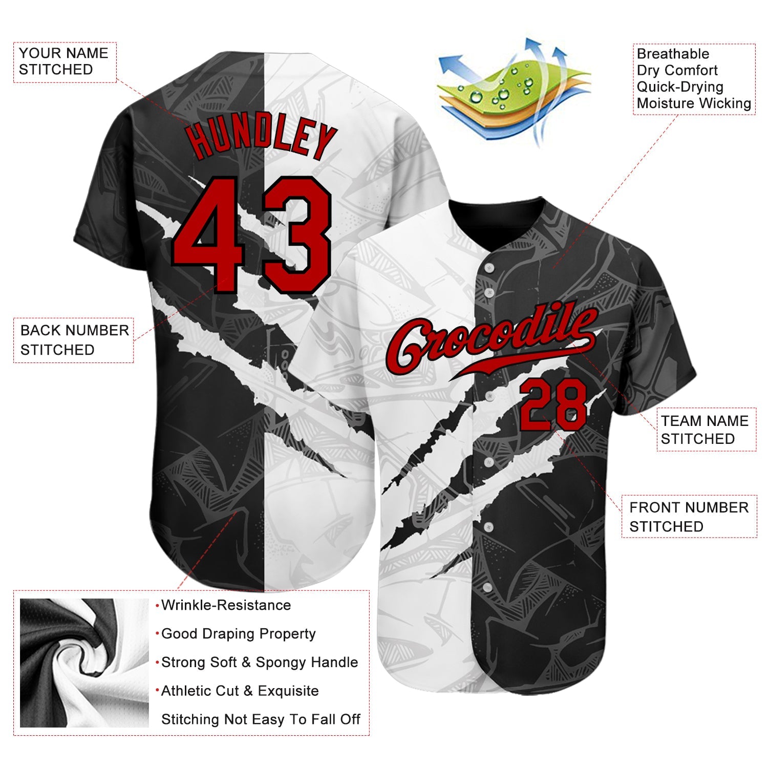 Custom Graffiti Pattern Red-Black 3D Scratch Authentic Baseball Jersey view 3