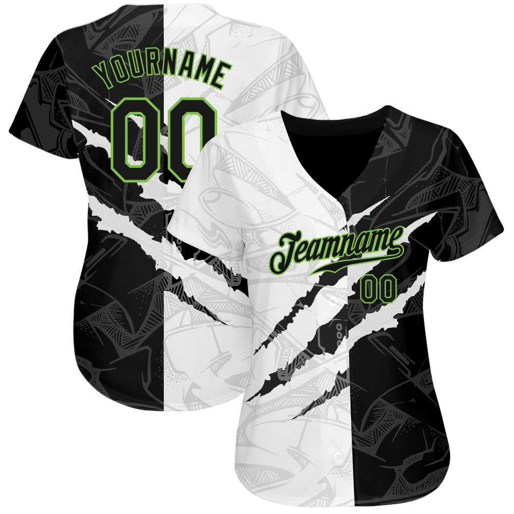Custom Graffiti Pattern Black-Neon Green 3D Scratch Authentic Baseball Jersey view 2
