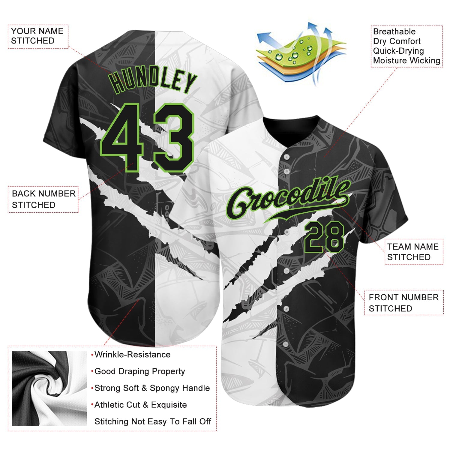 Custom Graffiti Pattern Black-Neon Green 3D Scratch Authentic Baseball Jersey view 3