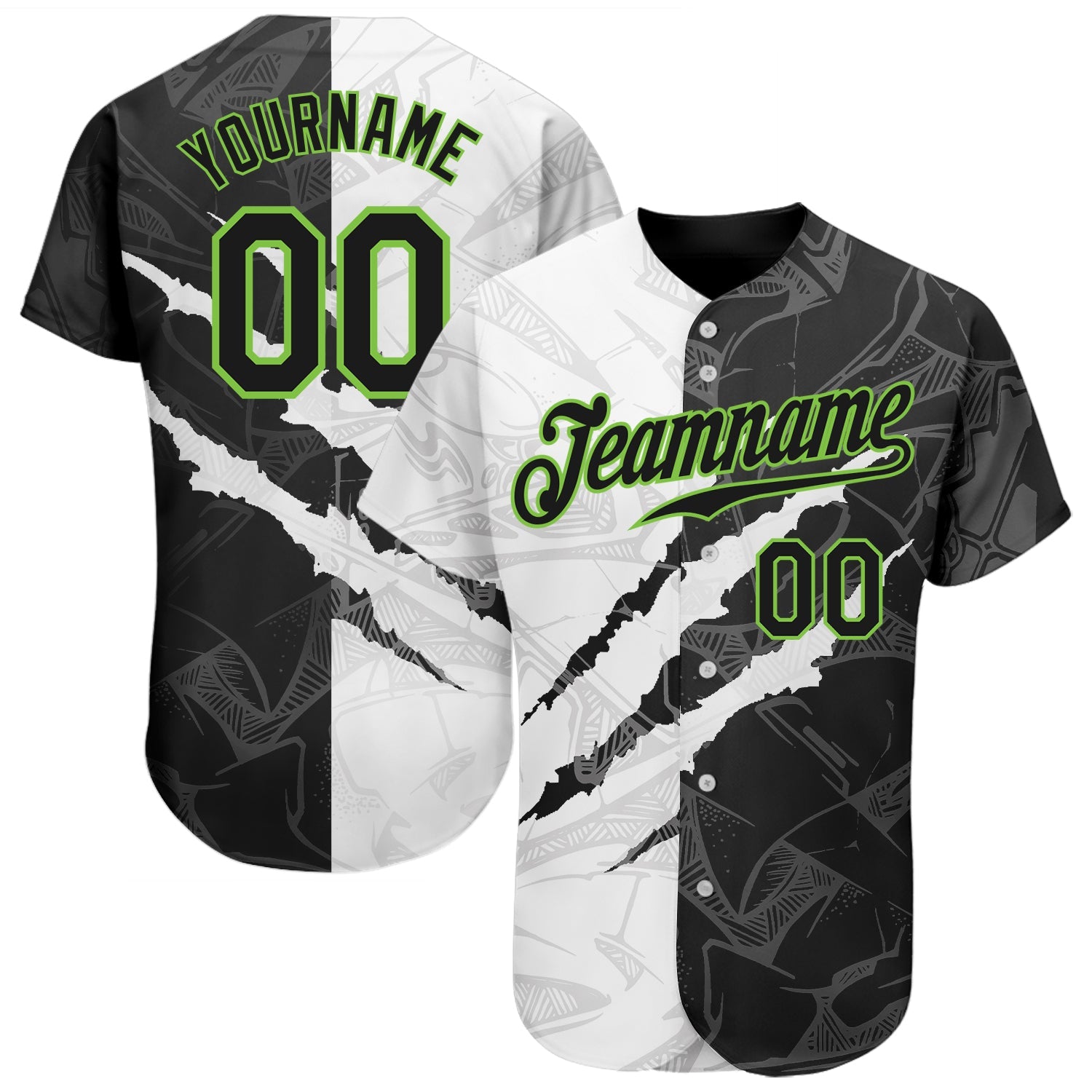 Custom Graffiti Pattern Black-Neon Green 3D Scratch Authentic Baseball Jersey - Main View