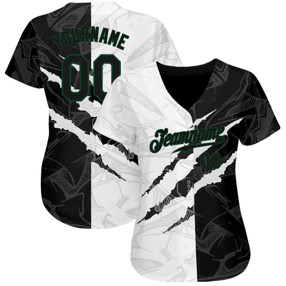 Custom Graffiti Pattern Black-Kelly Green 3D Scratch Authentic Baseball Jersey view 2