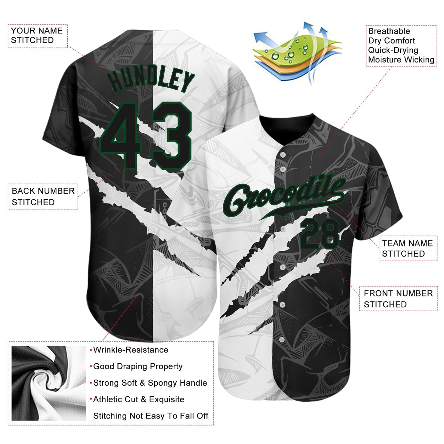 Custom Graffiti Pattern Black-Kelly Green 3D Scratch Authentic Baseball Jersey view 3