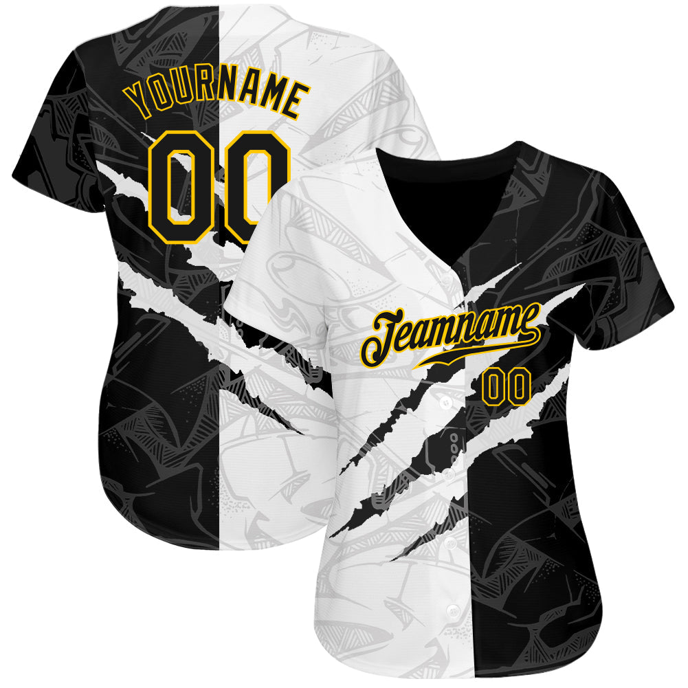 Custom Graffiti Pattern Black-Gold 3D Scratch Authentic Baseball Jersey view 2
