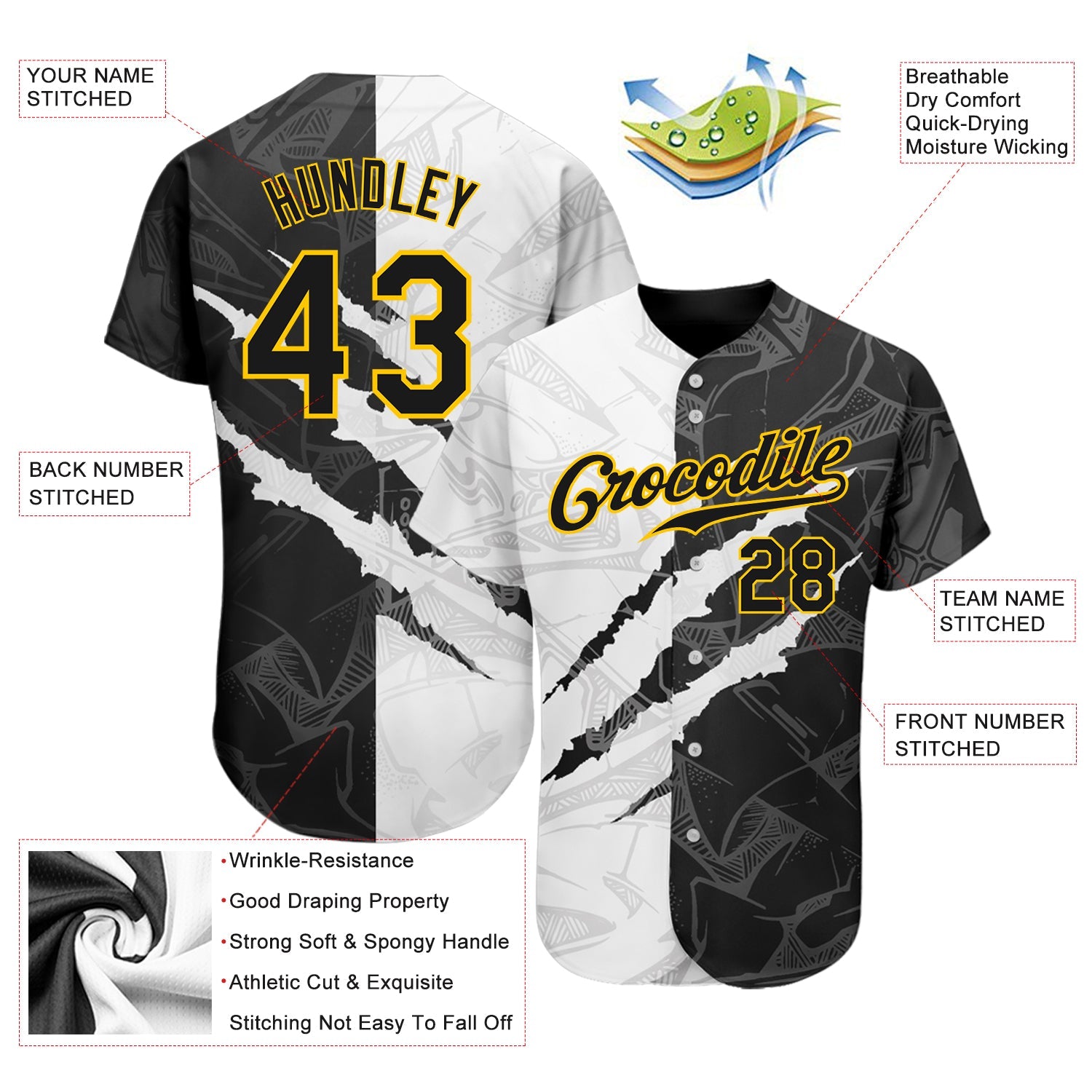 Custom Graffiti Pattern Black-Gold 3D Scratch Authentic Baseball Jersey view 3