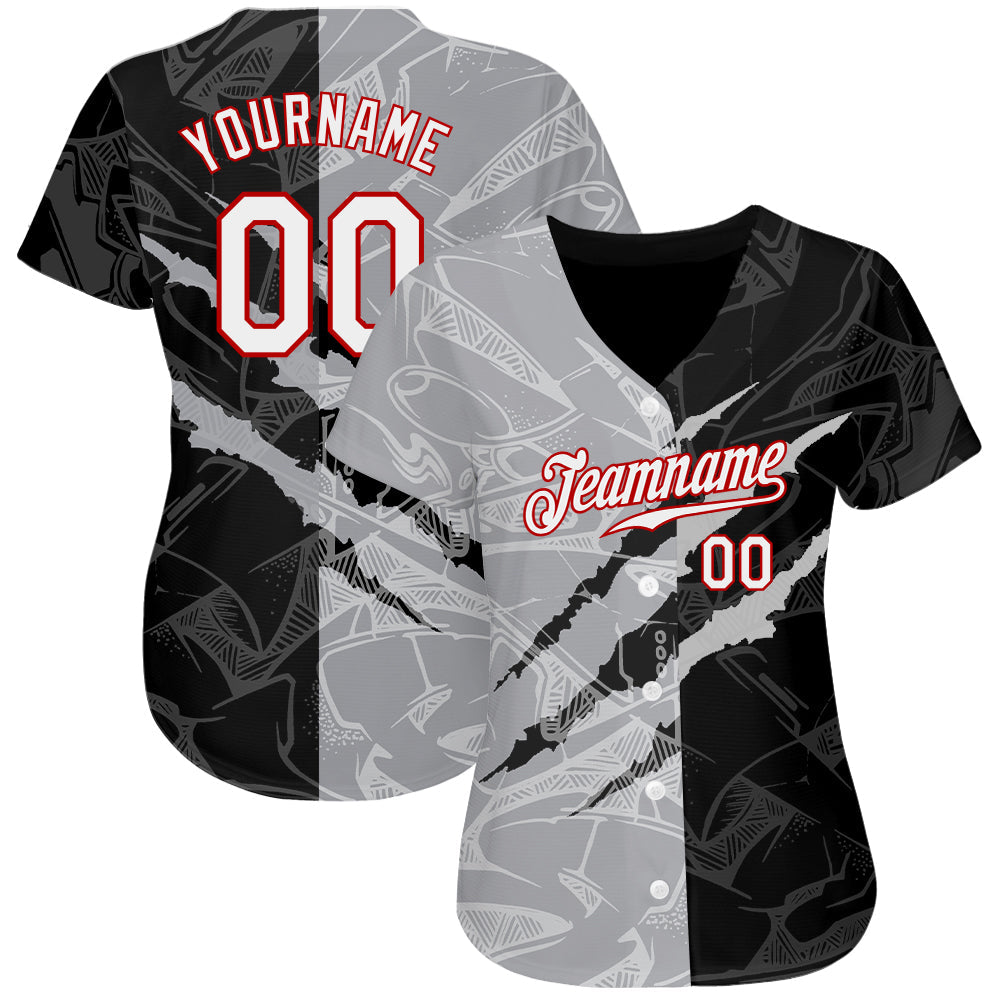 Custom Graffiti Pattern White Gray-Red 3D Scratch Authentic Baseball Jersey view 2