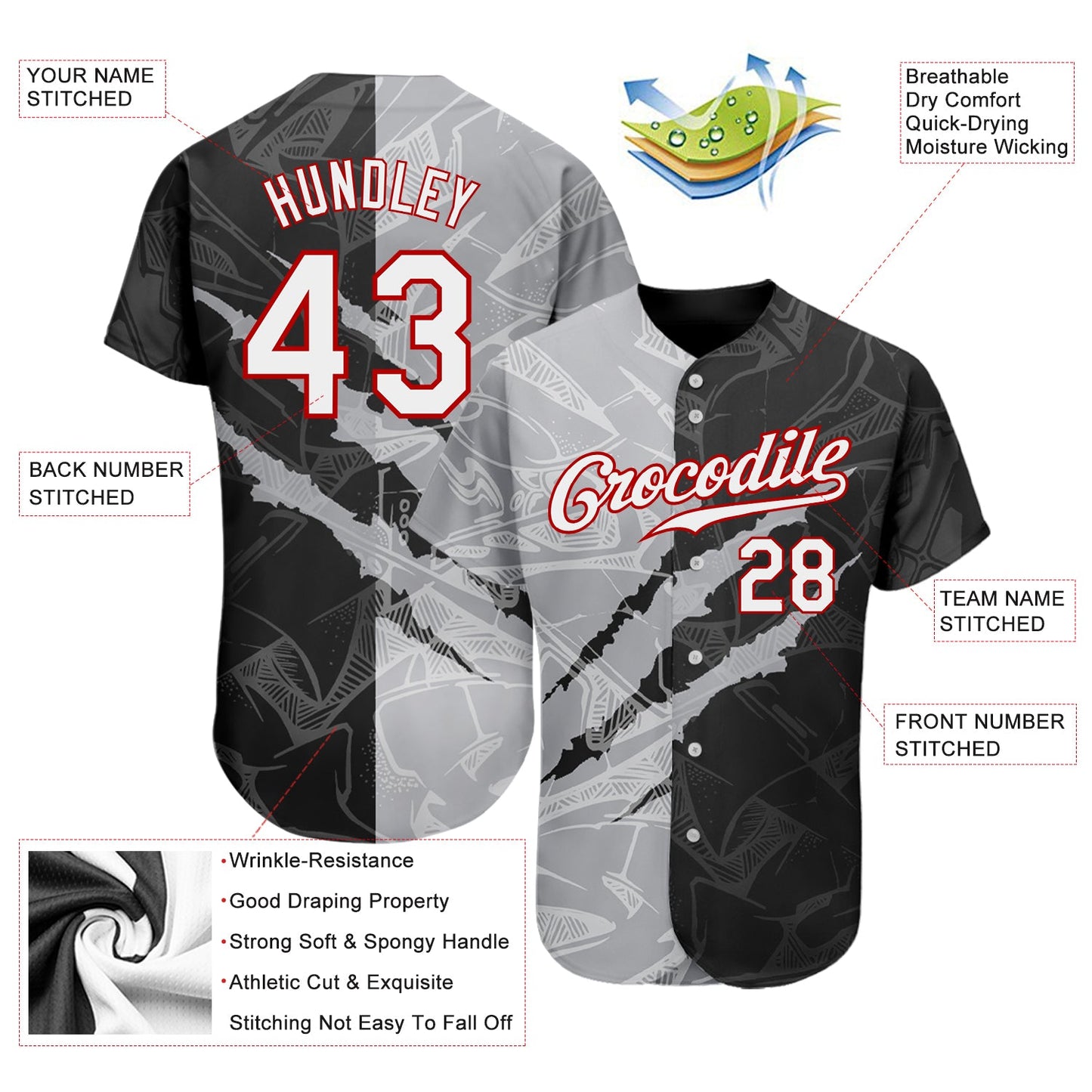 Custom Graffiti Pattern White Gray-Red 3D Scratch Authentic Baseball Jersey view 3
