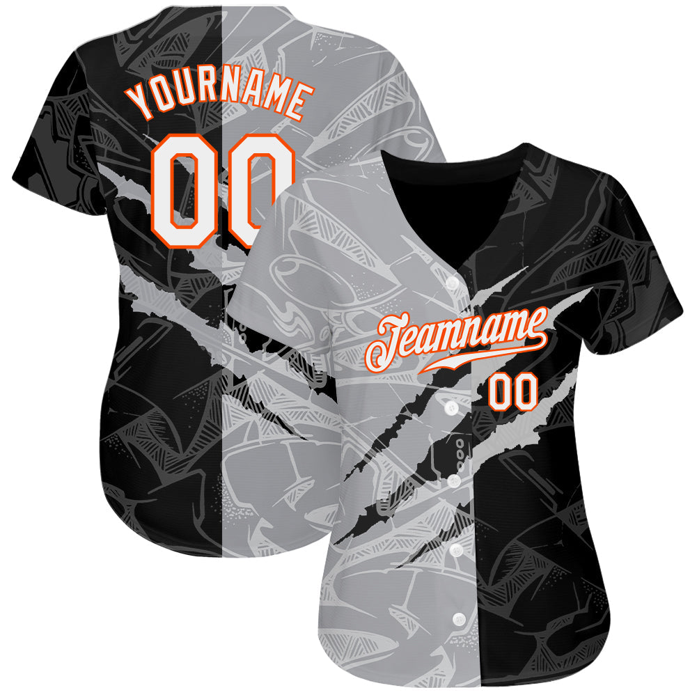Custom Graffiti Pattern White Gray-Orange 3D Scratch Authentic Baseball Jersey view 2
