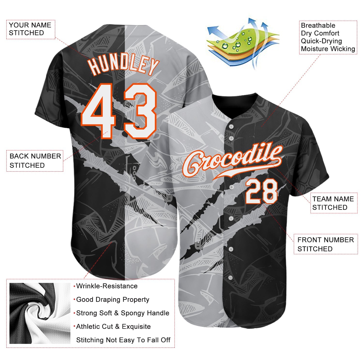 Custom Graffiti Pattern White Gray-Orange 3D Scratch Authentic Baseball Jersey view 3