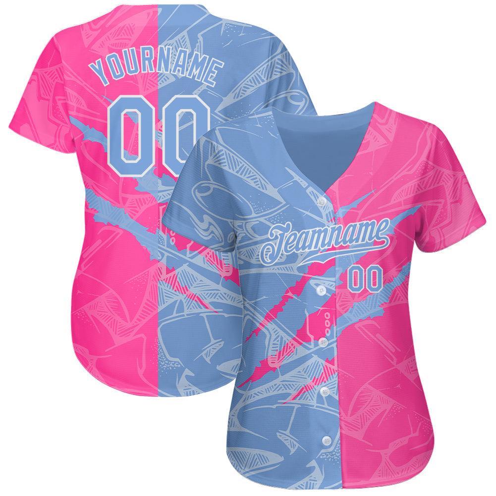 Custom Graffiti Pattern Light Blue-Pink 3D Scratch Authentic Baseball Jersey view 2