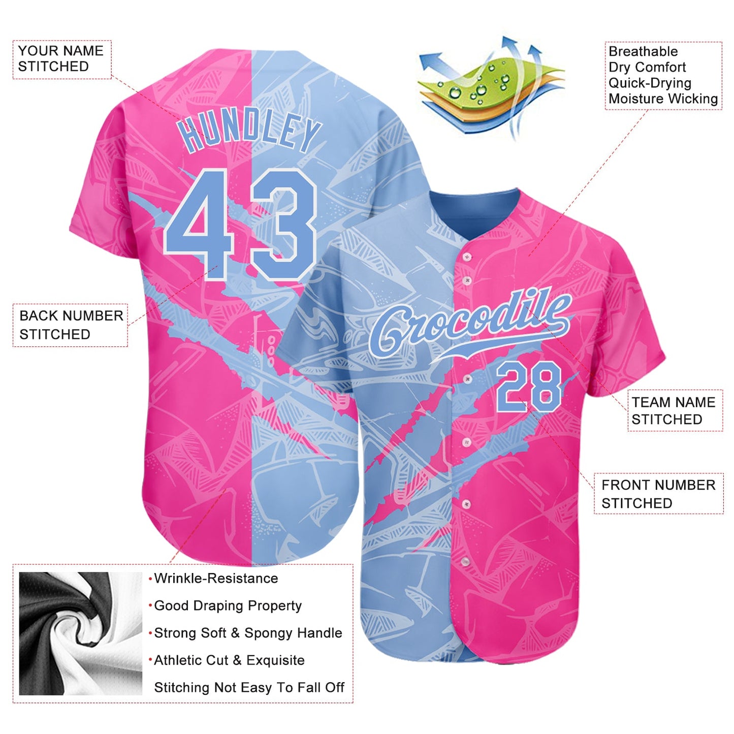 Custom Graffiti Pattern Light Blue-Pink 3D Scratch Authentic Baseball Jersey view 3
