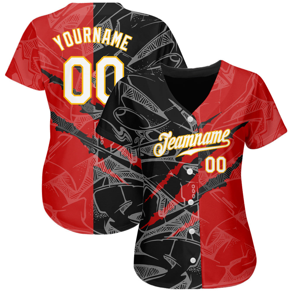 Custom Graffiti Pattern White Black-Yellow 3D Scratch Authentic Baseball Jersey view 2