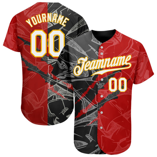 Custom Graffiti Pattern White Black-Yellow 3D Scratch Authentic Baseball Jersey - Main View
