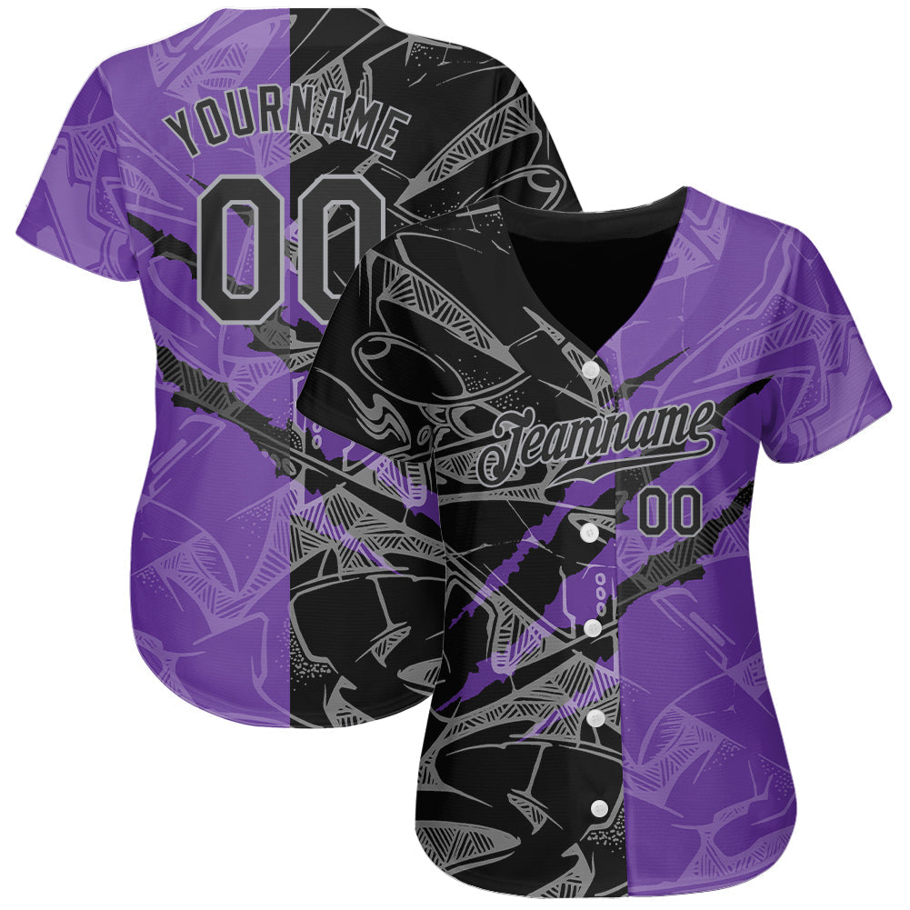 Custom Graffiti Pattern Black Purple-Gray 3D Scratch Authentic Baseball Jersey view 2