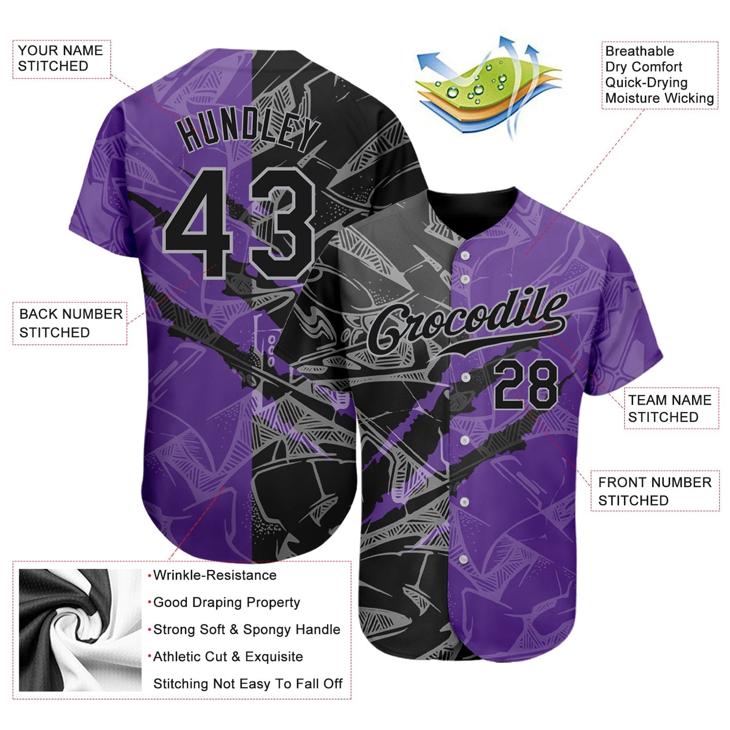 Custom Graffiti Pattern Black Purple-Gray 3D Scratch Authentic Baseball Jersey view 3