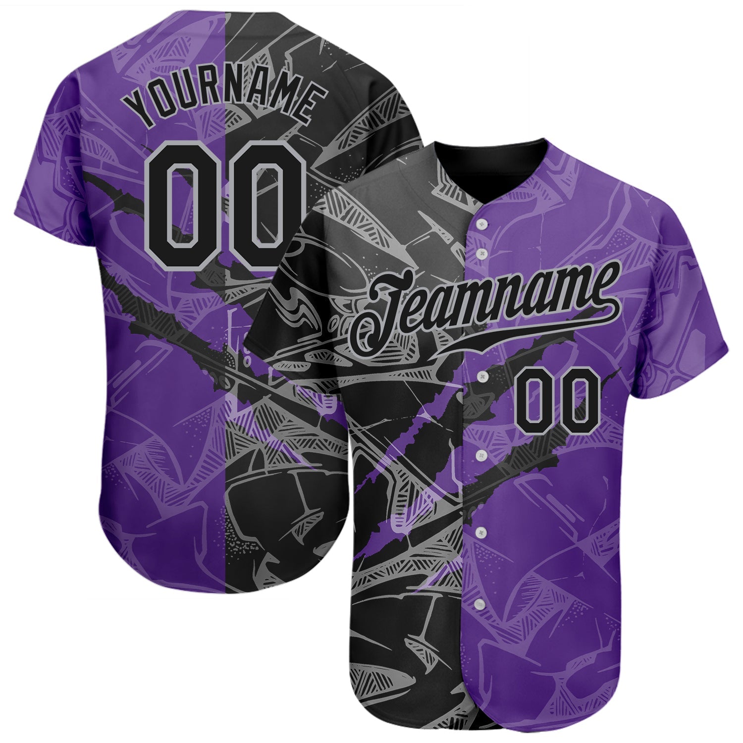 Custom Graffiti Pattern Black Purple-Gray 3D Scratch Authentic Baseball Jersey - Main View